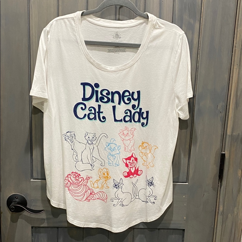 Disney Cat Lady White T-Shirt with Colorful Cat Graphics